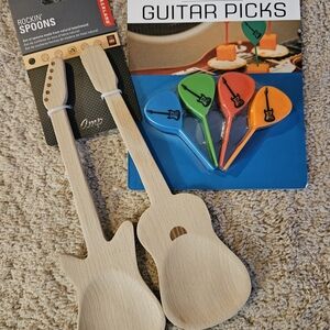 Guitar Shaped Wooden Spoons and Colorful Guitar Picks
